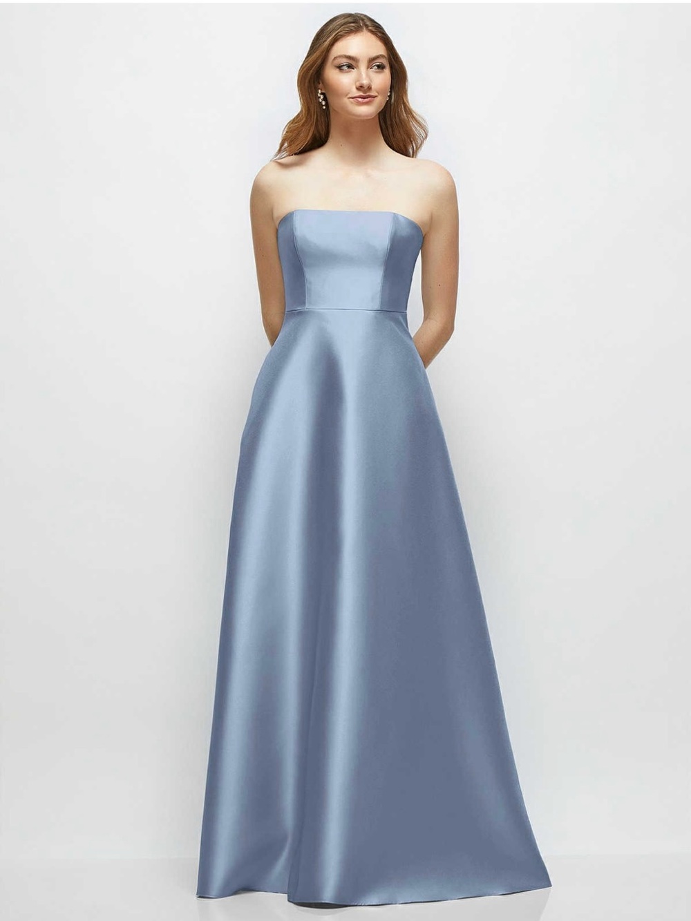 Dessy Strapless Satin A-Line Evening Dress in Dusty Blue- NWT